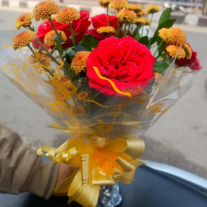 Royal Red Rose & Golden Button Bouquet